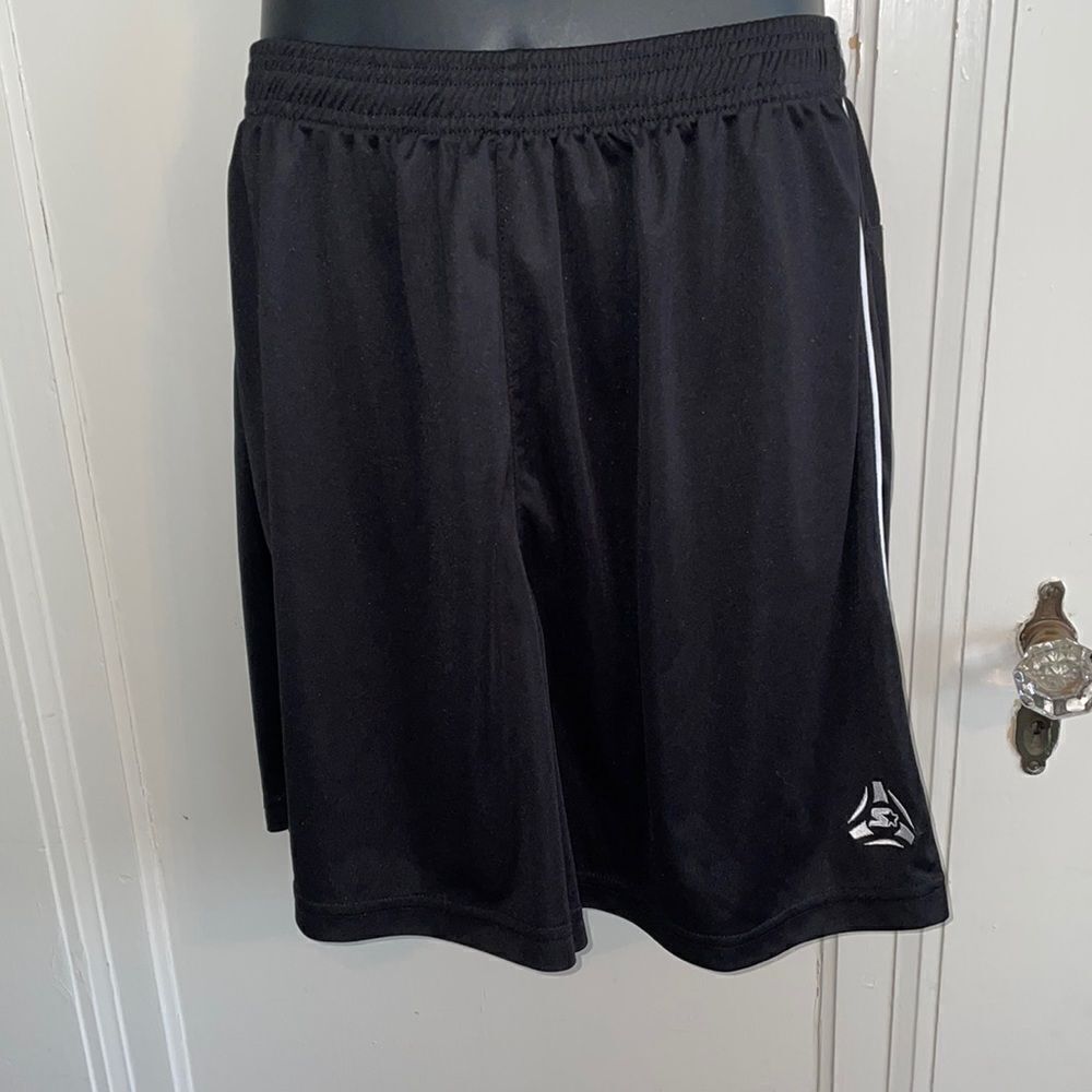 Vtg Starter black polyester athletic shorts with white stripes‎ & embroidery